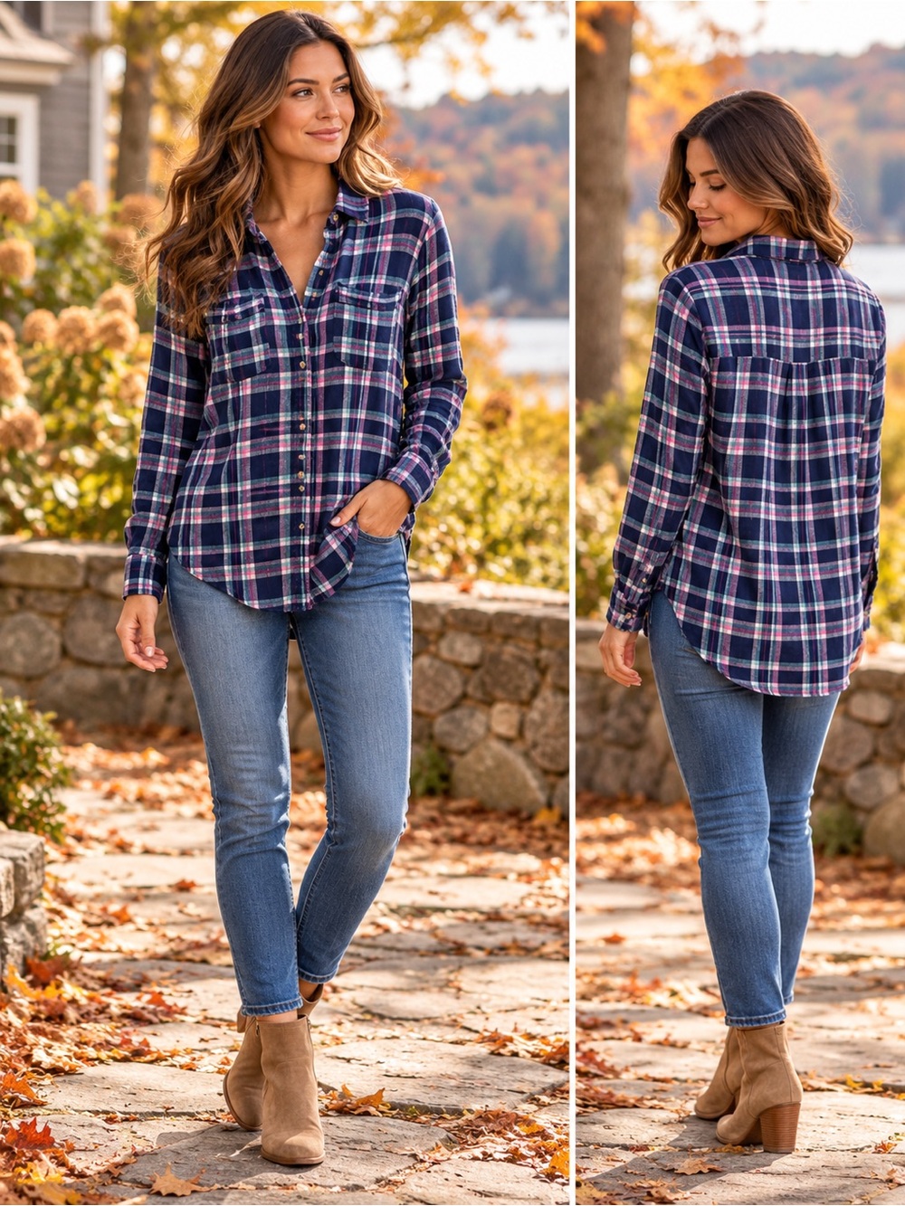 Abercrombie & Fitch Navy, Pink and Light Blue Plaid Button-Down Shirt
